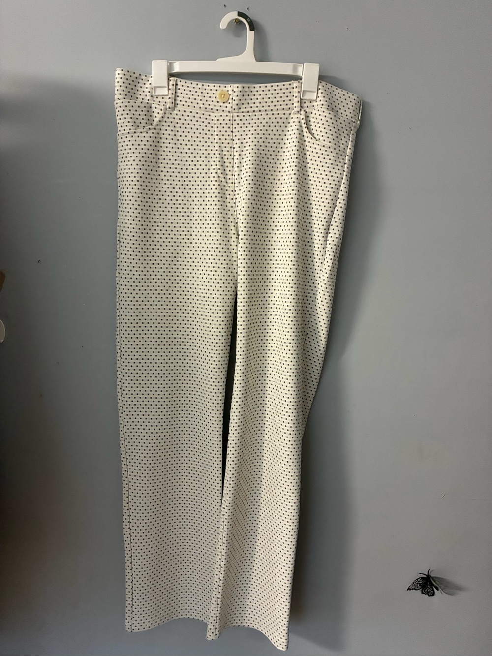 Betabrand XL Long Cream Tailored Dress Pants with Black Micro Dots